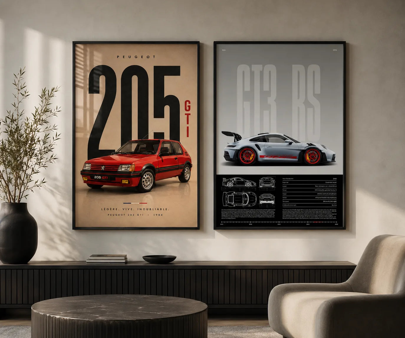 Affiches automobiles encadrées Kavelis dans un intérieur premium