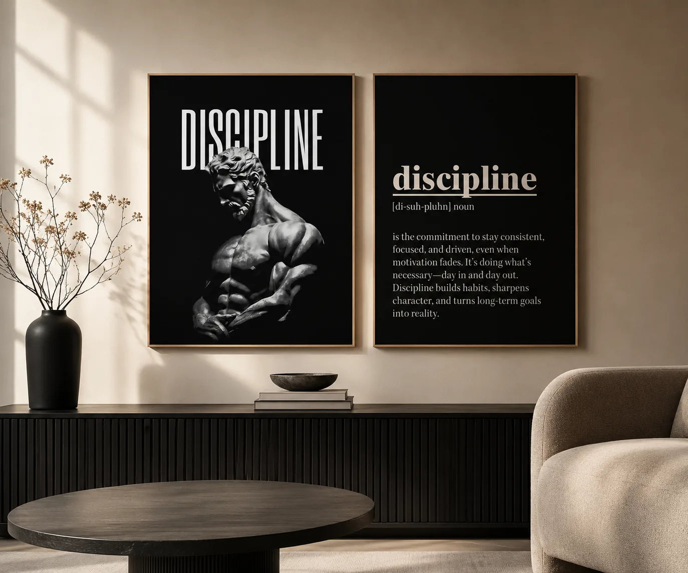 Affiches Mindset Kavelis encadrées dans un salon